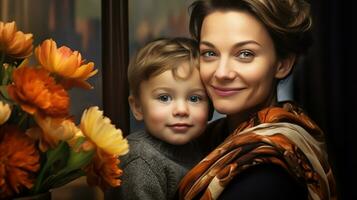 The tenderness of a child in his mother's arms. Mother's Day time. AI generated photo