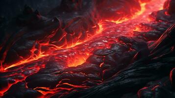 Lava from an erupting volcano flowing down the mountain. AI generated photo