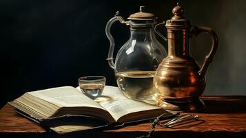 Still life with old book and old metal and glass jugs. AI generated photo