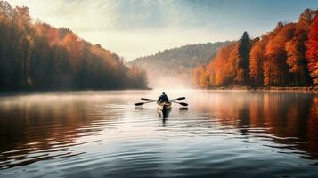Autumn landscape on a lake with a small boat and all the reflections. AI generated photo