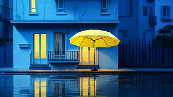 vibrante azul edificio con contrastando amarillo paraguas y ventanas ai generado foto