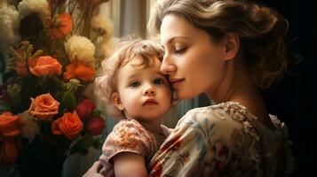 The tenderness of a child in his mother's arms. Mother's Day time. AI generated photo