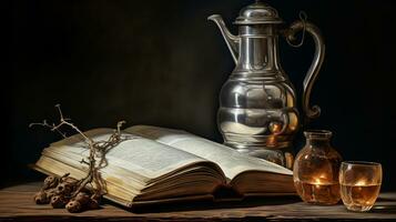Still life with old book and old metal and glass jugs. AI generated photo