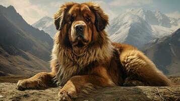 Realistic portrait of Tibetan Mastiff dog. AI generated photo