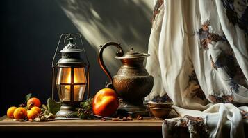 Still life with antique candle lantern and vintage curtain. AI generated photo