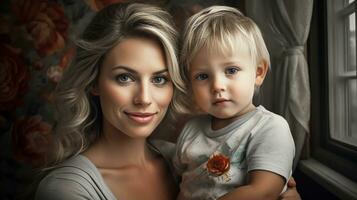 The tenderness of a child in his mother's arms. Mother's Day time. AI generated photo