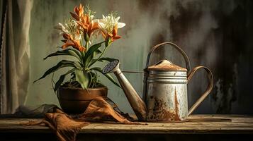 Still life with dried flowers and old watering can. AI generated photo