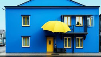 vibrante azul edificio con contrastando amarillo paraguas y ventanas ai generado foto