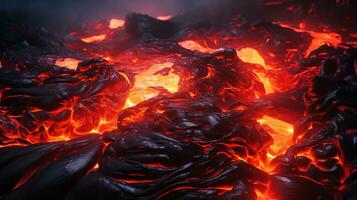 lava desde un en erupción volcán fluido abajo el montaña. ai generado foto