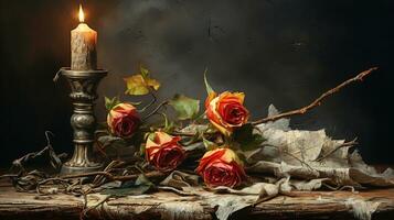 Still life with a set of antique candle lantern, dried flowers and vintage fabric. AI generated photo