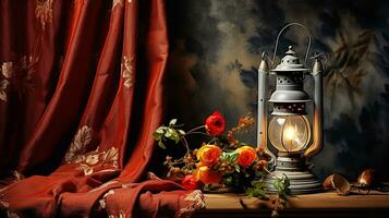 Still life with a set of antique candle lantern, dried flowers and vintage fabric. AI generated photo