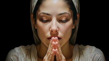 Woman's hands in praying position. Faith concept. AI generated photo