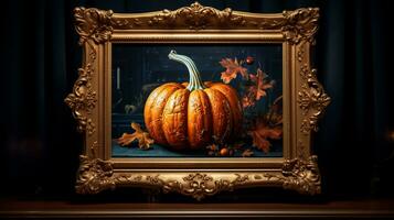 Still life pumpkin painting with antique golden frame. Autumn time. AI generated photo