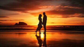 silueta de un Pareja caminando en el playa a puesta de sol. ai generado foto