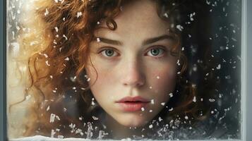 Portrait of a woman under falling snow. Winter time. AI generated photo