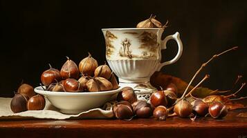 Still life with chestnuts in a porcelain cup. AI generated photo