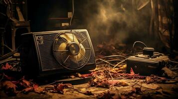 Still life with old electric fan in dramatic environment. AI generated photo
