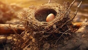 New life grows in nature nest, birds' small beaks nourish generated by AI photo