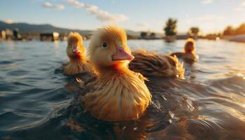 Cute duckling swimming in a tranquil pond at sunrise generated by AI photo