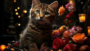 Cute kitten sitting, looking at camera, illuminated by Christmas lights generated by AI photo