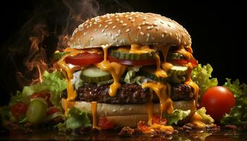 cheeseburger gourmet with bread, onion, barbecue, freshness, salad generated by AI photo