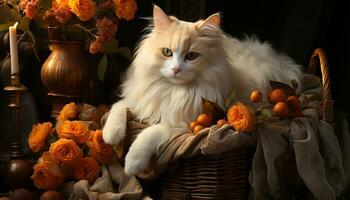 A cute kitten sitting on a pumpkin, looking at a flower generated by AI photo