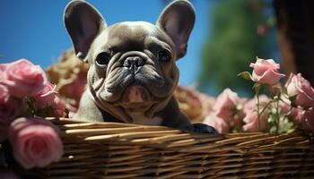 A cute French bulldog puppy sitting in a grassy basket generated by AI photo