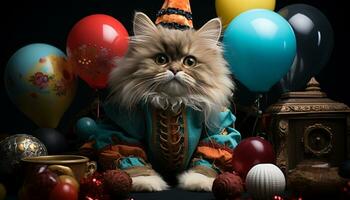 Cute kitten sitting, looking at balloon, celebrating birthday party generated by AI photo