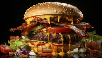 Grilled beef burger with melted cheddar, fresh tomato, and onion generated by AI photo