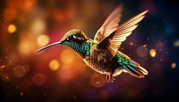 Hummingbird flying, vibrant colors, spread wings, beauty in nature generated by AI photo