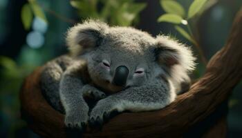 Sleeping koala on eucalyptus tree, cute marsupial in tranquil forest generated by AI photo