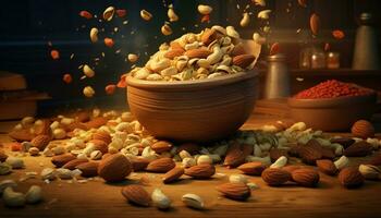 Wooden table holds a healthy bowl of organic almond snack generated by AI photo