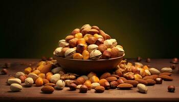 A rustic table with a heap of organic nut variations generated by AI photo