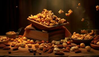 Freshness in nature bounty almond, cashew, walnut, hazelnut, pecan, pumpkin generated by AI photo