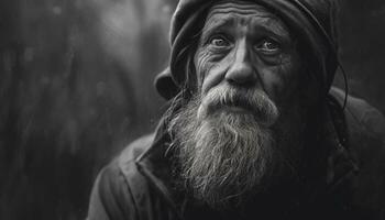 Sad old man with gray hair looking at camera in rain generated by AI photo