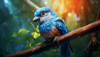 guacamayo encaramado en un rama, exhibiendo vibrante colores en tropical bosque generado por ai foto