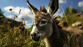 Cute donkey grazing on green meadow, looking at camera generated by AI photo