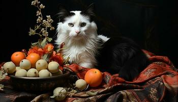 Cute kitten sitting in a basket, looking at camera playfully generated by AI photo