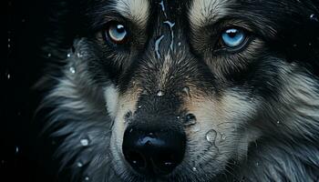 Wet canine snout, cute puppy, nature portrait, friendship in winter generated by AI photo