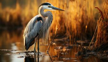 Tranquil scene heron family standing, reflecting in pond at sunset generated by AI photo