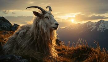 A majestic horned goat grazes on a mountain farm meadow generated by AI photo