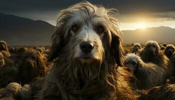 Cute puppy sitting in grass, looking at camera, enjoying nature generated by AI photo