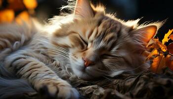 linda gatito durmiendo, mullido pelo, bigotes, juguetón naturaleza, pequeño Talla generado por ai foto