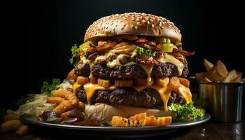 un gastrónomo A la parrilla hamburguesa con queso con Fresco vegetales en un hecho en casa bollo generado por ai foto