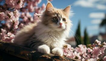 Cute kitten sitting in grass, playful and curious, enjoying nature generated by AI photo