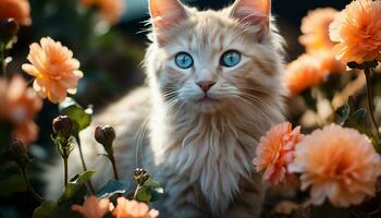 linda Doméstico gato, naturaleza belleza, juguetón gatito, mullido pelo, prado luz de sol generado por ai foto