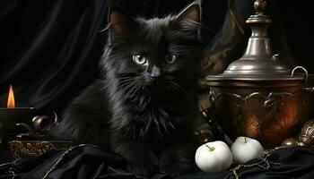 Fluffy kitten sitting, looking at candle, surrounded by Halloween decorations generated by AI photo