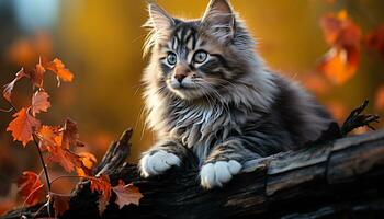 Cute kitten playing in autumn forest, looking at camera with whiskers generated by AI photo