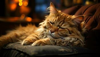 A cute kitten sleeping, looking comfortable and fluffy on a pillow generated by AI photo