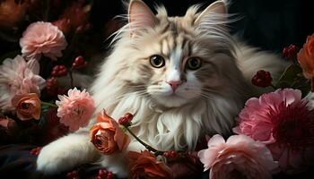 Cute kitten sitting, looking at camera, surrounded by beautiful flowers generated by AI photo